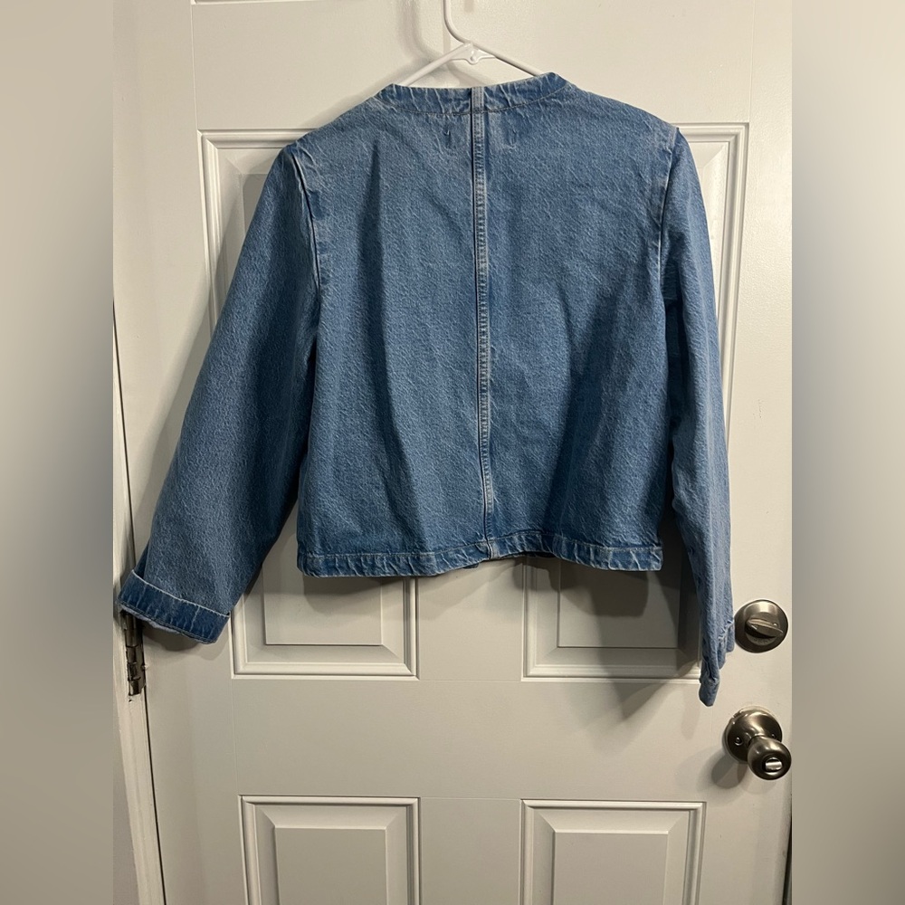 Zara collarless Cropped denim Jean Boxy Fit jacket w/ silver buttons XS - Picture 3 of 9